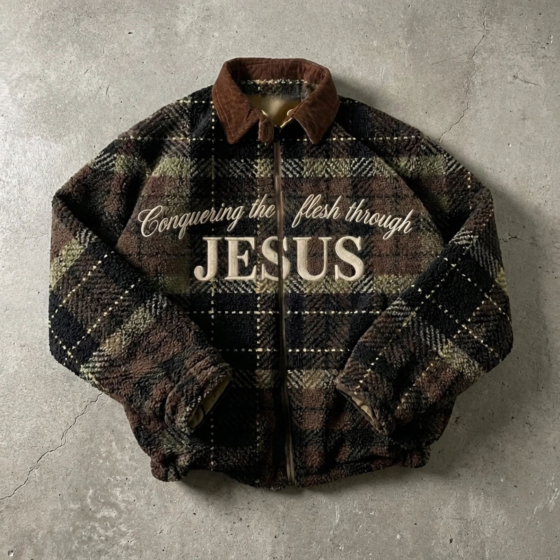Faith Over Flesh – Sherpa Plaid Zip Jacket
